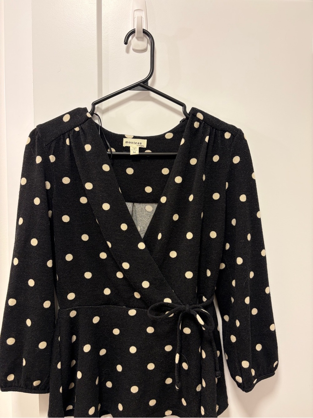 Monteau Black and Cream Polka Dot Long Sleeve Wrap Top